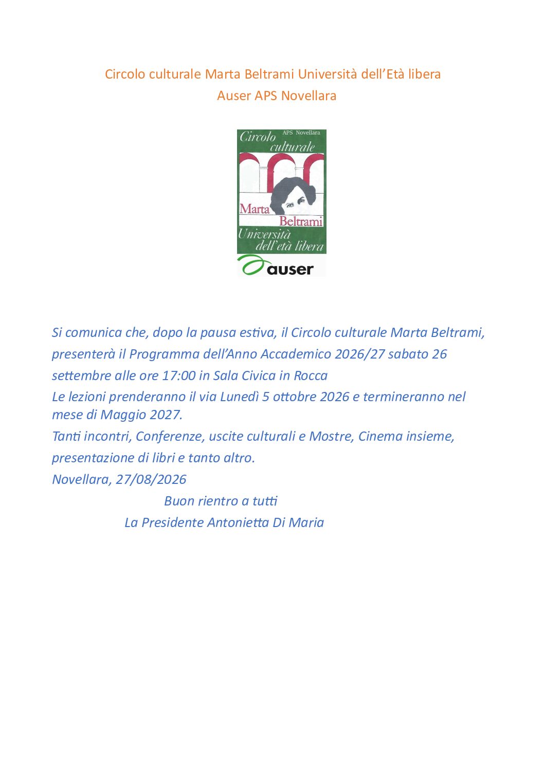 Si ricomincia Sabato 26 settembre 2026 ore 17